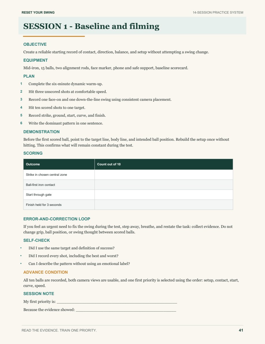 Inside page showing a scored guided golf practice session